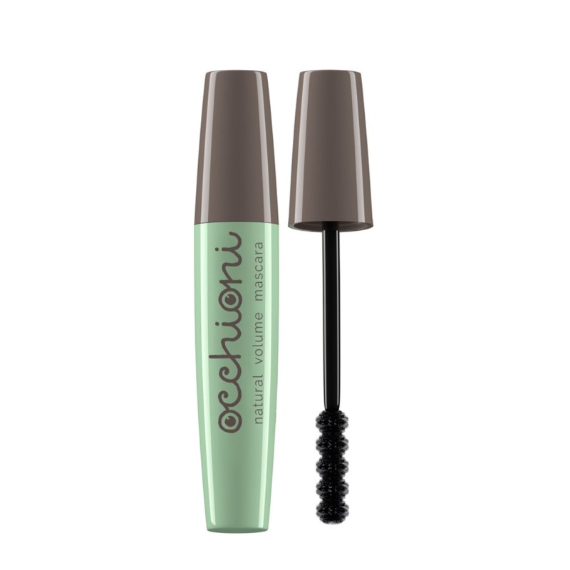 Mint-green Occhioni natural volume mascara with brown cap and exposed wand showing fluffy black brush