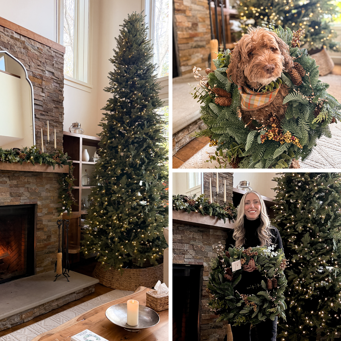 Collage featuring a pre-lit Christmas tree by a stone fireplace, a dog in a Christmas wreath, and a woman holding greenery.