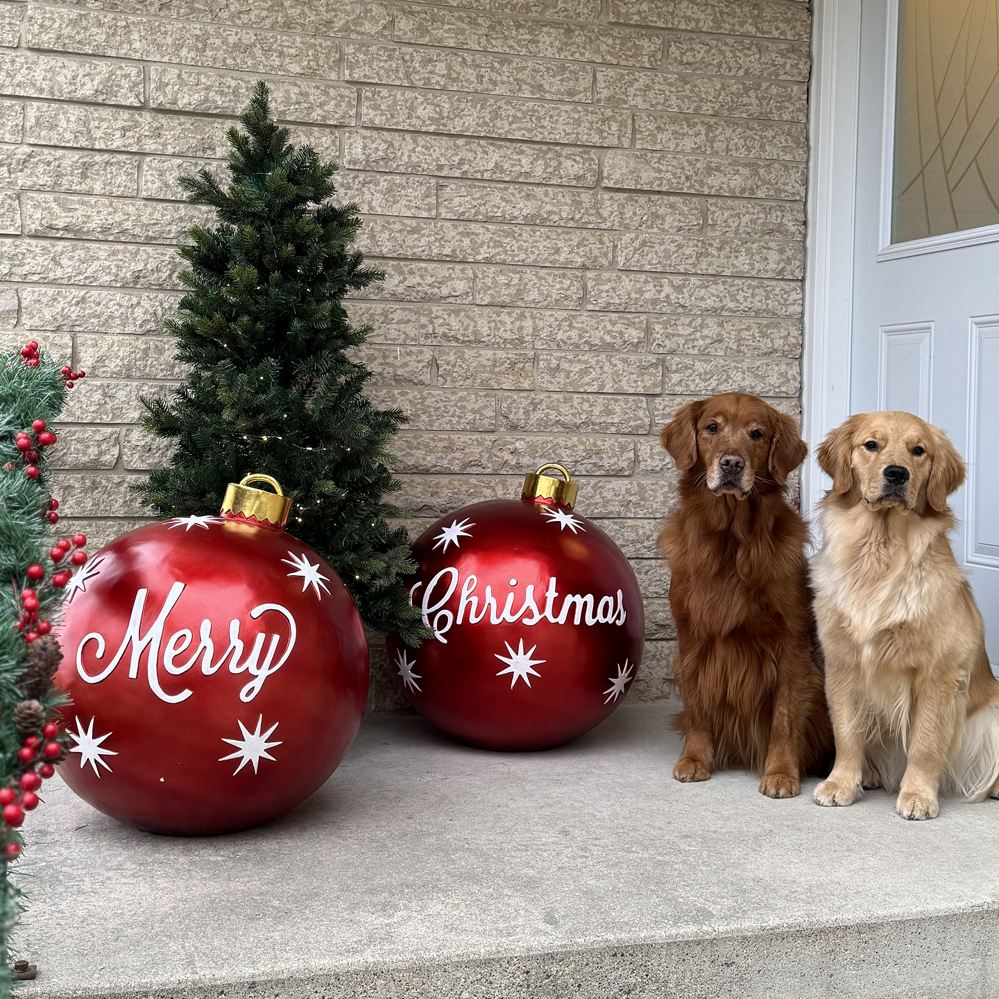 Two golden retrievers sitting beside oversized red “Merry Christmas” ornaments and a small Christmas tree on a front porch.
