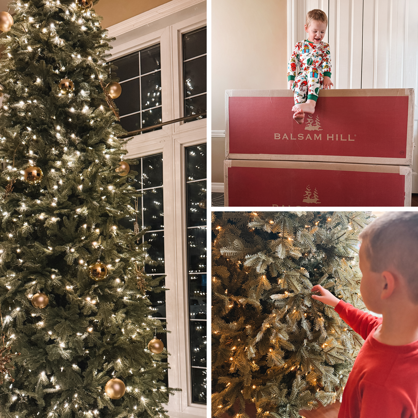 Collage of a pre-lit Christmas tree with gold ornaments, children opening Balsam Hill tree boxes, and a child touching tree lights.