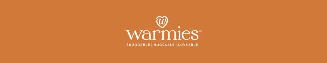 Warmies logo on orange. Shop Warmies.
