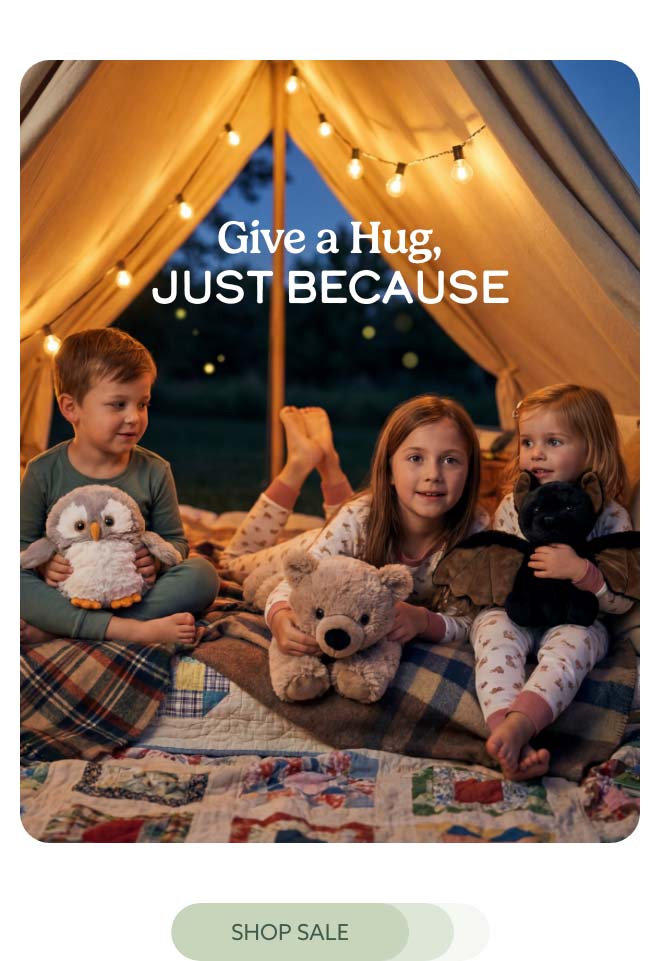 Kids with Warmies in a tent. Shop Sale.