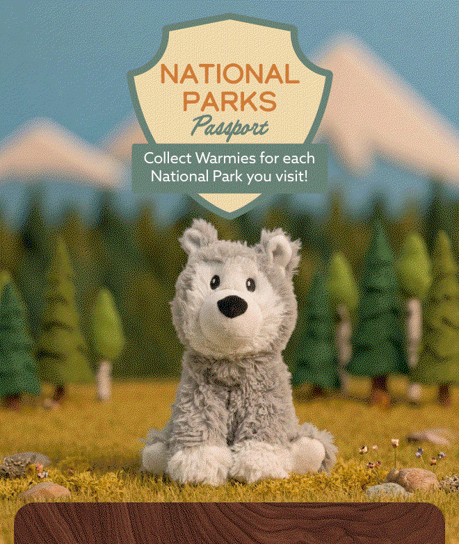 An animation of National Parks Warmies in different parks. Shop Sale.