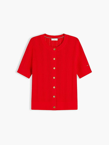 Pointelle Gold Tone Button Short Sleeve Cardigan