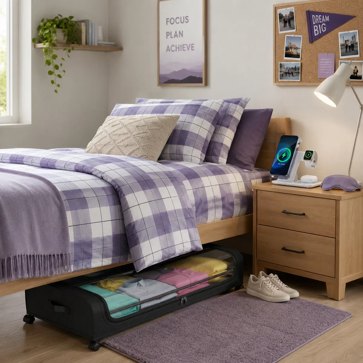 A cozy dorm room with purple plaid bedding, wooden nightstand, motivational wall decals, and under-bed storage organizer.