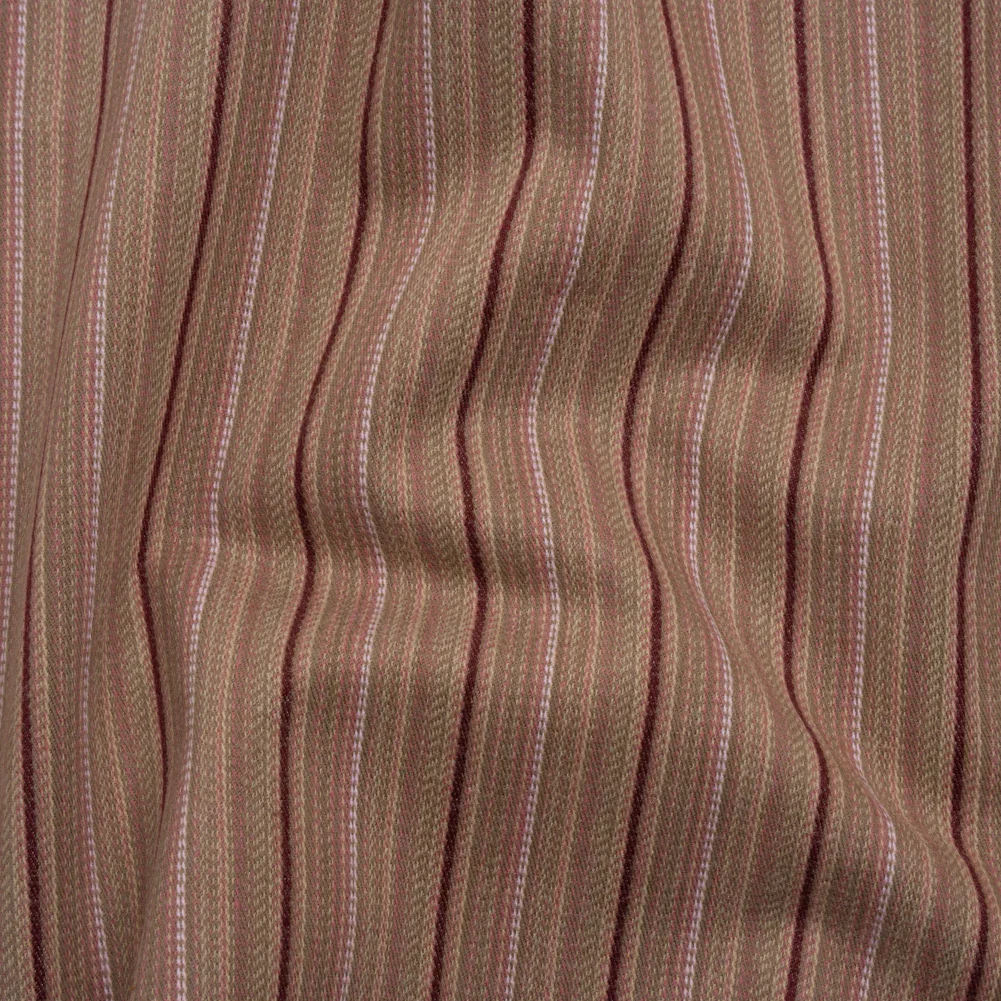 Image of Brushed Stretch Cotton Twill - Taupe, Rose Pink and Berry Red Stripes - Deadstock