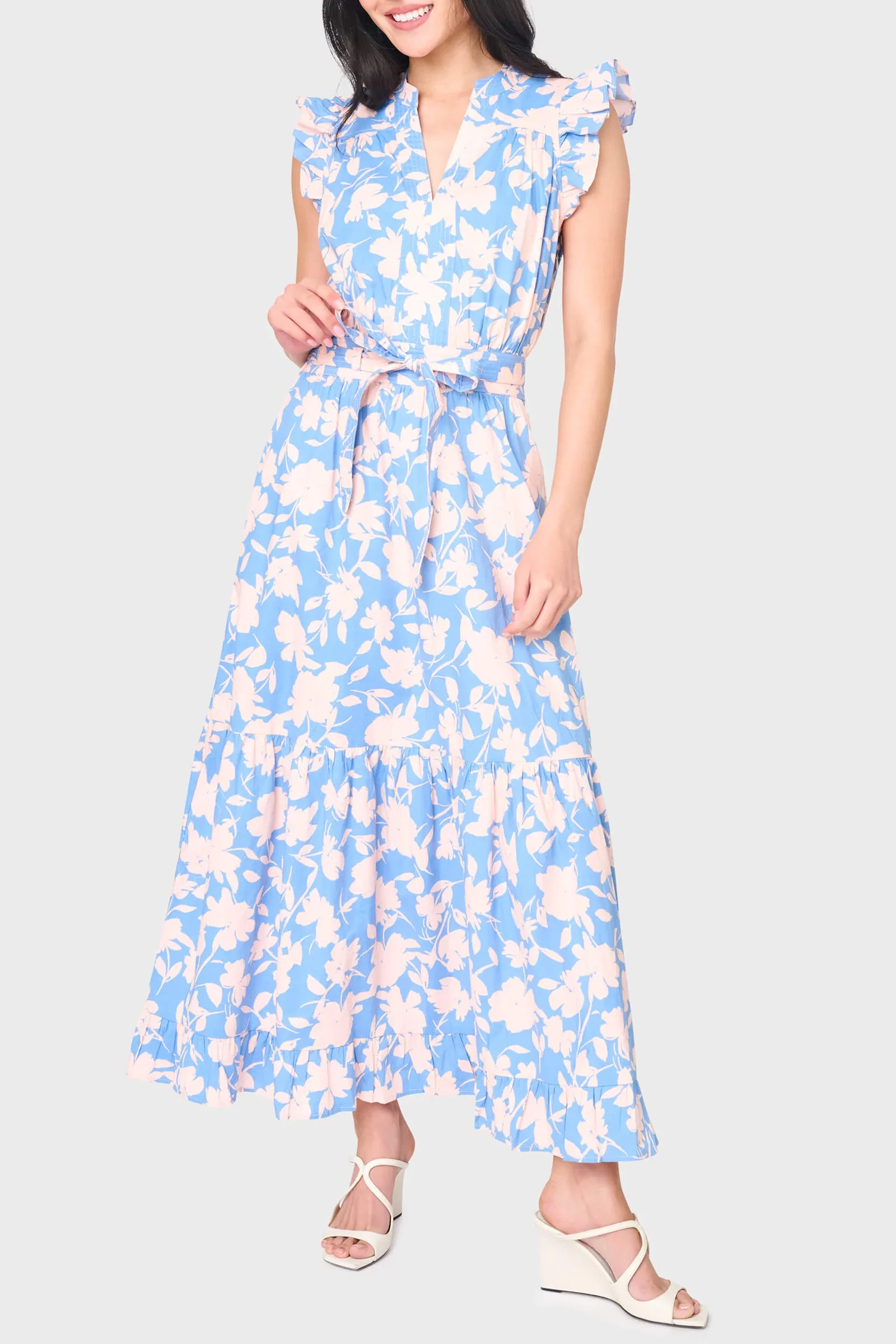 Image of Notch Neck Flutter Sleeve Maxi Dress