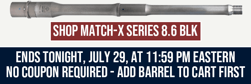 FREE ADJUSTABLE GAS BLOCK WITH PURCHASE OF MATCH-X SERIES 8.6 BLK AR10 BARREL