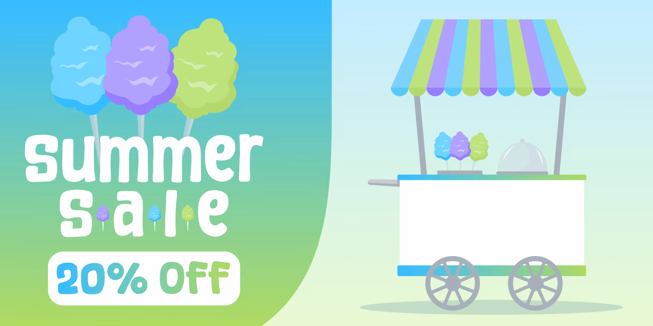 A designed image promoting TechSmith's Summer Sale, where customers can take 20% off sitewide through July 24. The image shows illustrated cotton candy as well as a cotton candy cart.