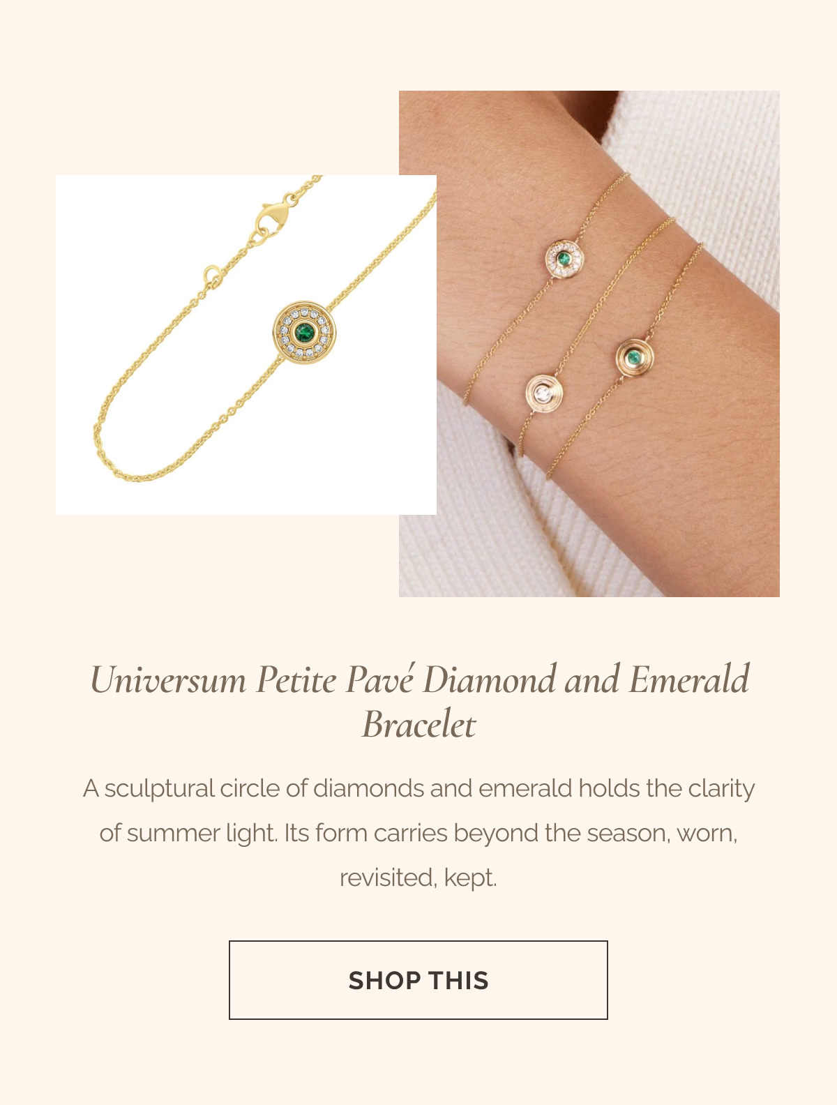Universum Petite Pavé Diamond and Emerald Bracelet - A sculptural circle of diamonds and emerald holds the clarity of summer light. Its form carries beyond the season, worn, revisited, kept. - CTA: SHOP THIS