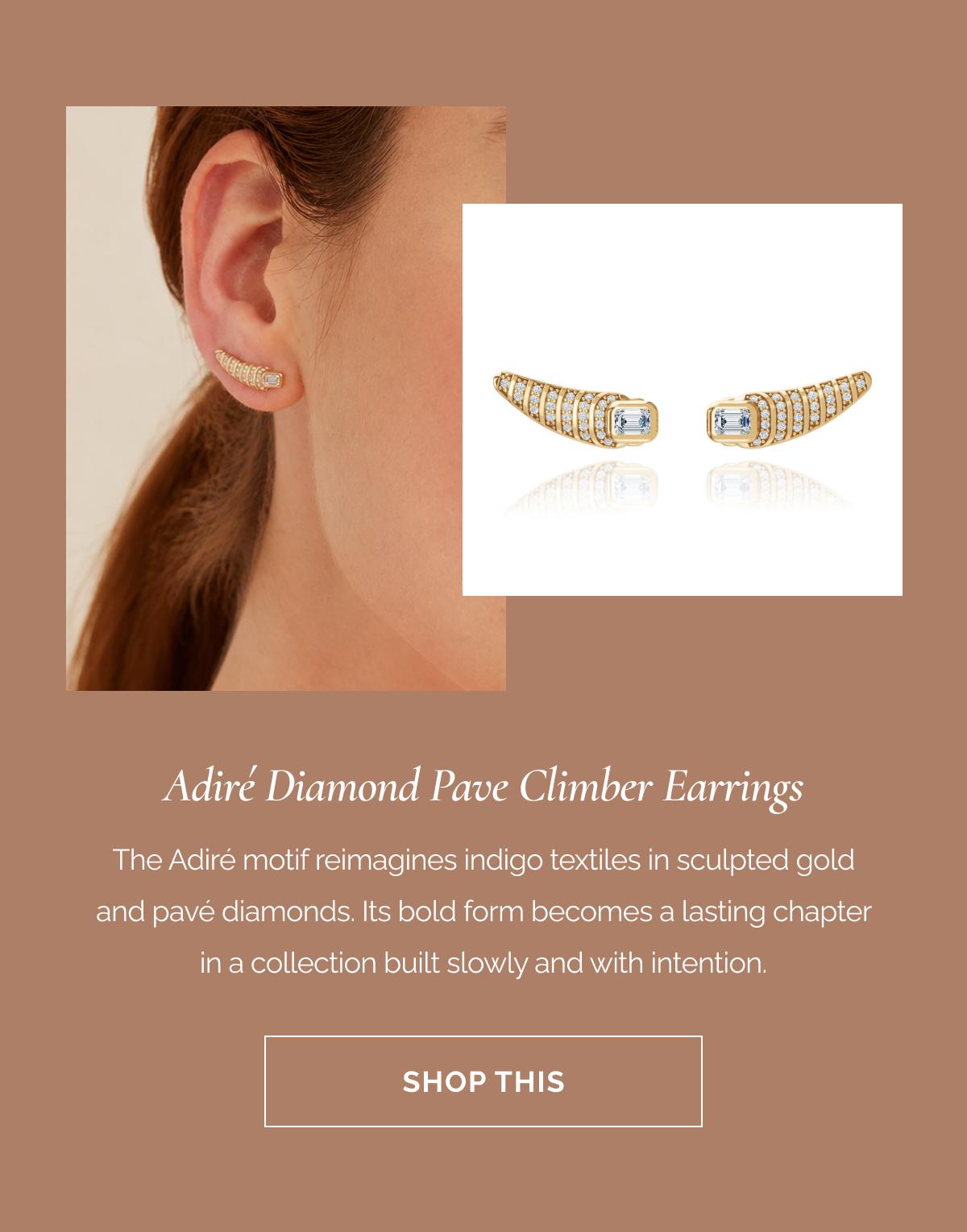Adiré Diamond Pave Climber Earrings - The Adiré motif reimagines indigo textiles in sculpted gold and pavé diamonds. Its bold form becomes a lasting chapter in a collection built slowly and with intention. -CTA: SHOP THIS