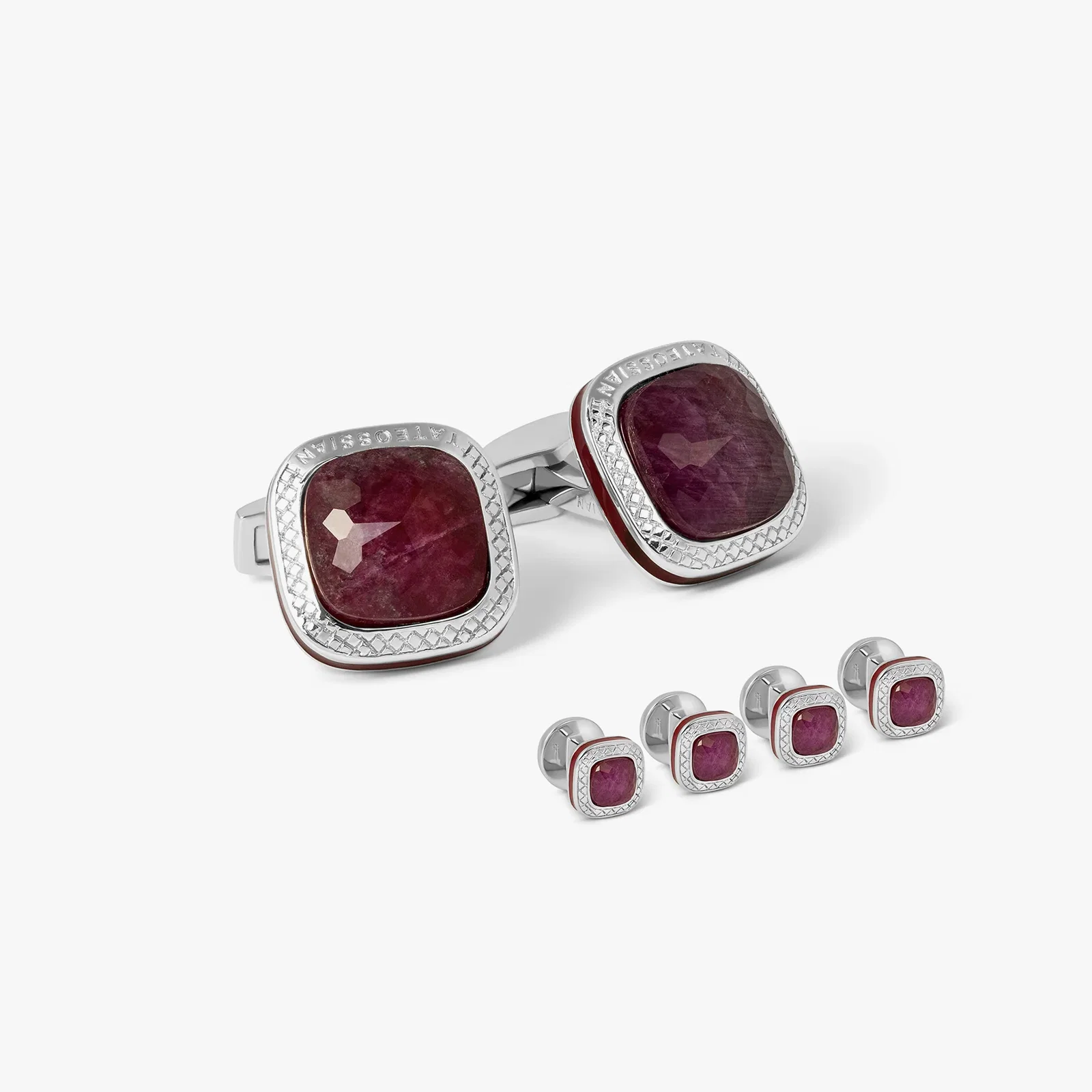 Image of Doppione Cushion Square Cufflinks And Studs Set With Ruby In Rhodium Silver      