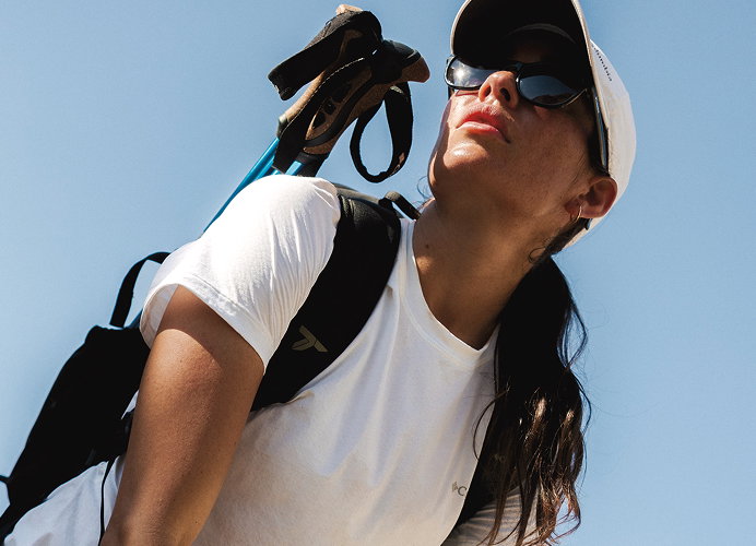 A close up of a woman wearing Columbia gear
