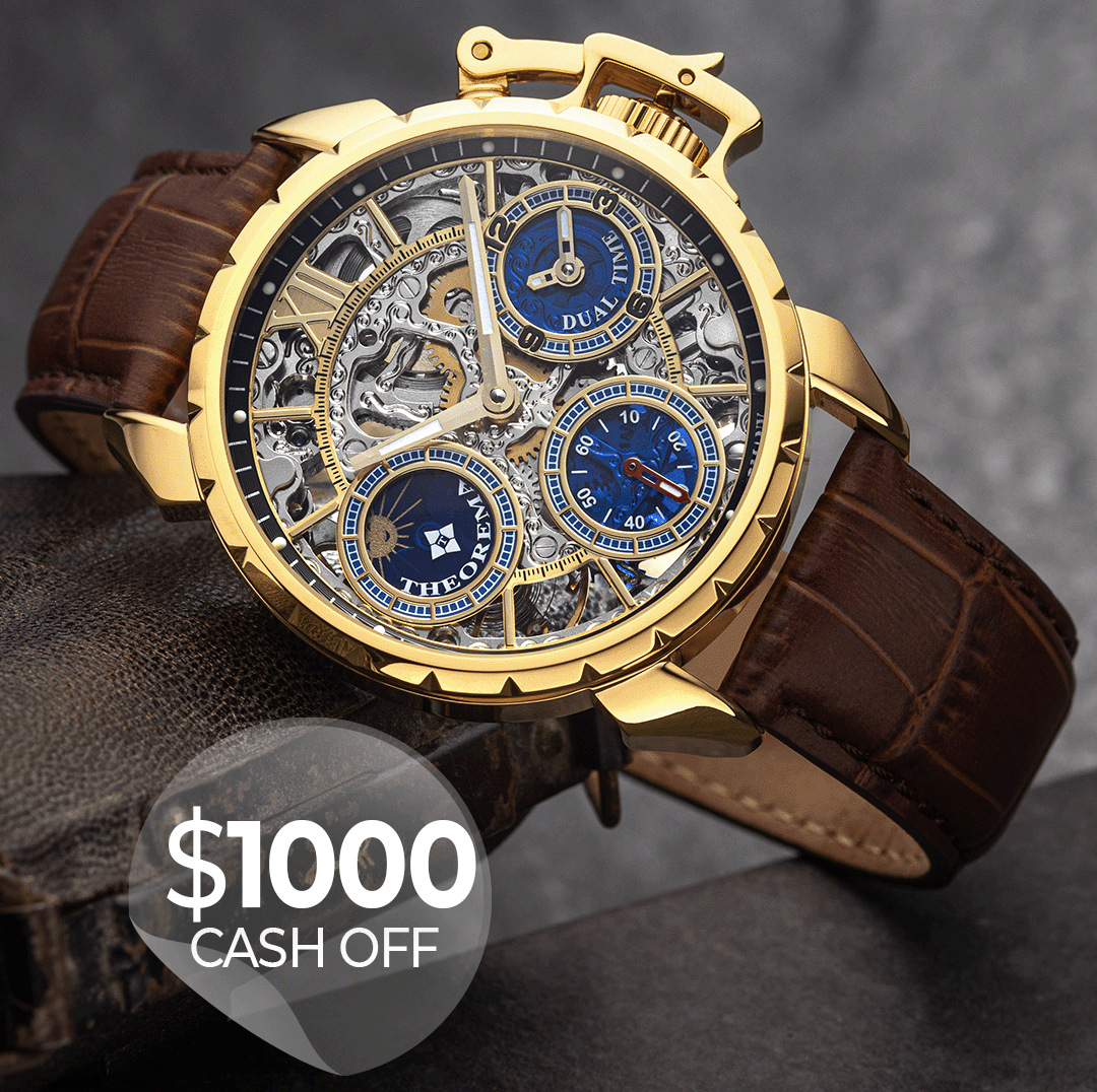 Gold case watch with brown leather band and skeleton dial.