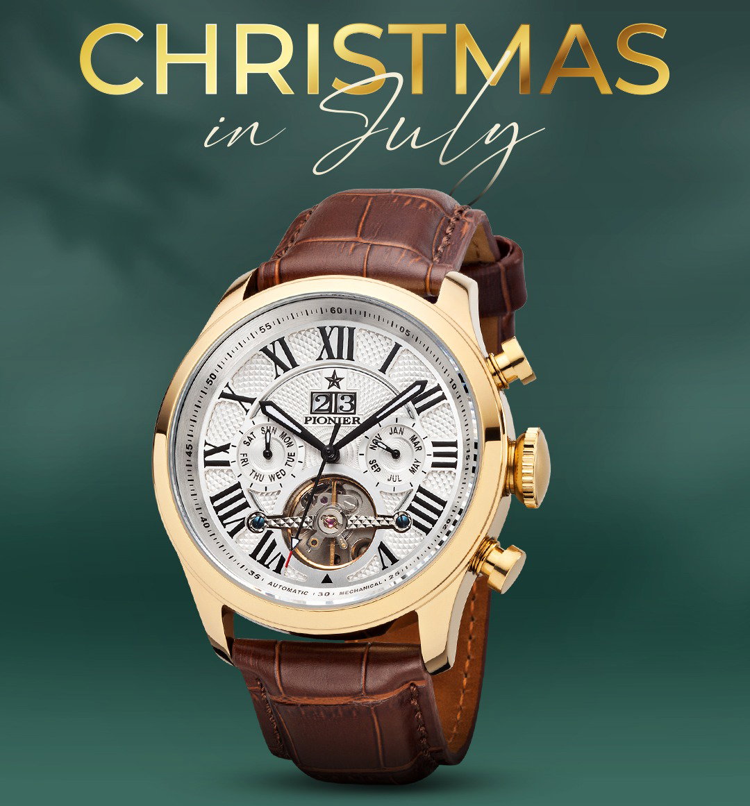 Gold watch with white face and brown leather band.