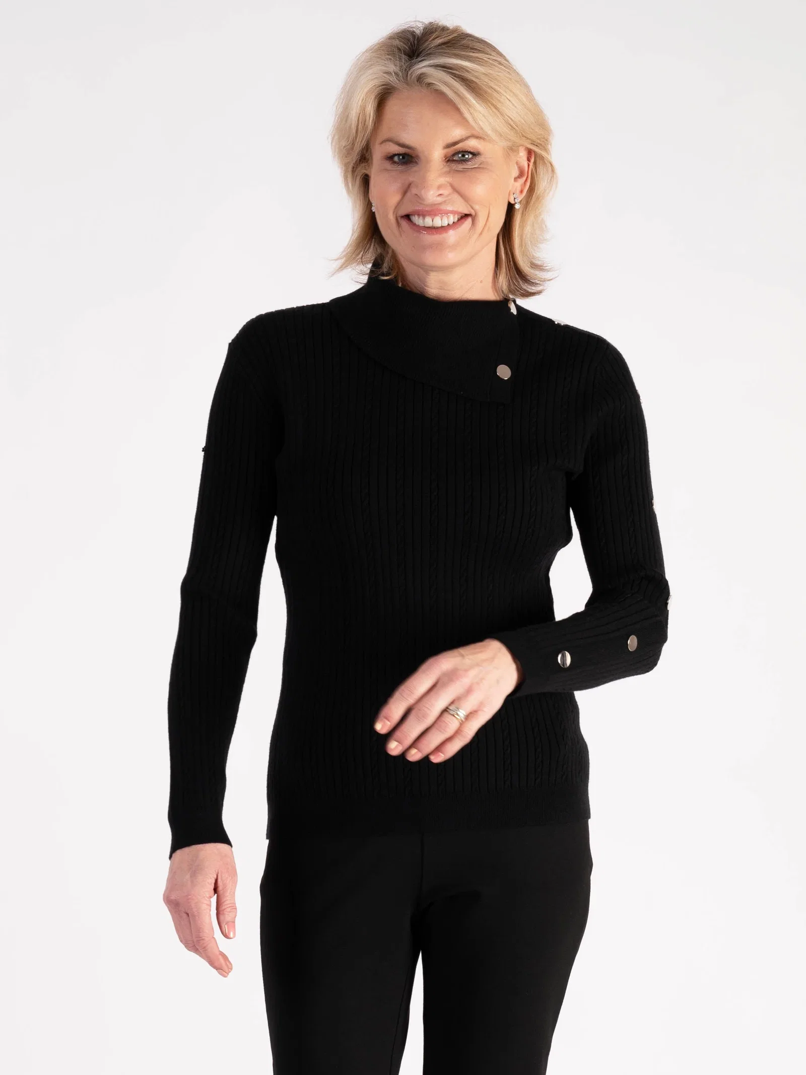 Image of Black Roll Neck Jumper With Button Detail