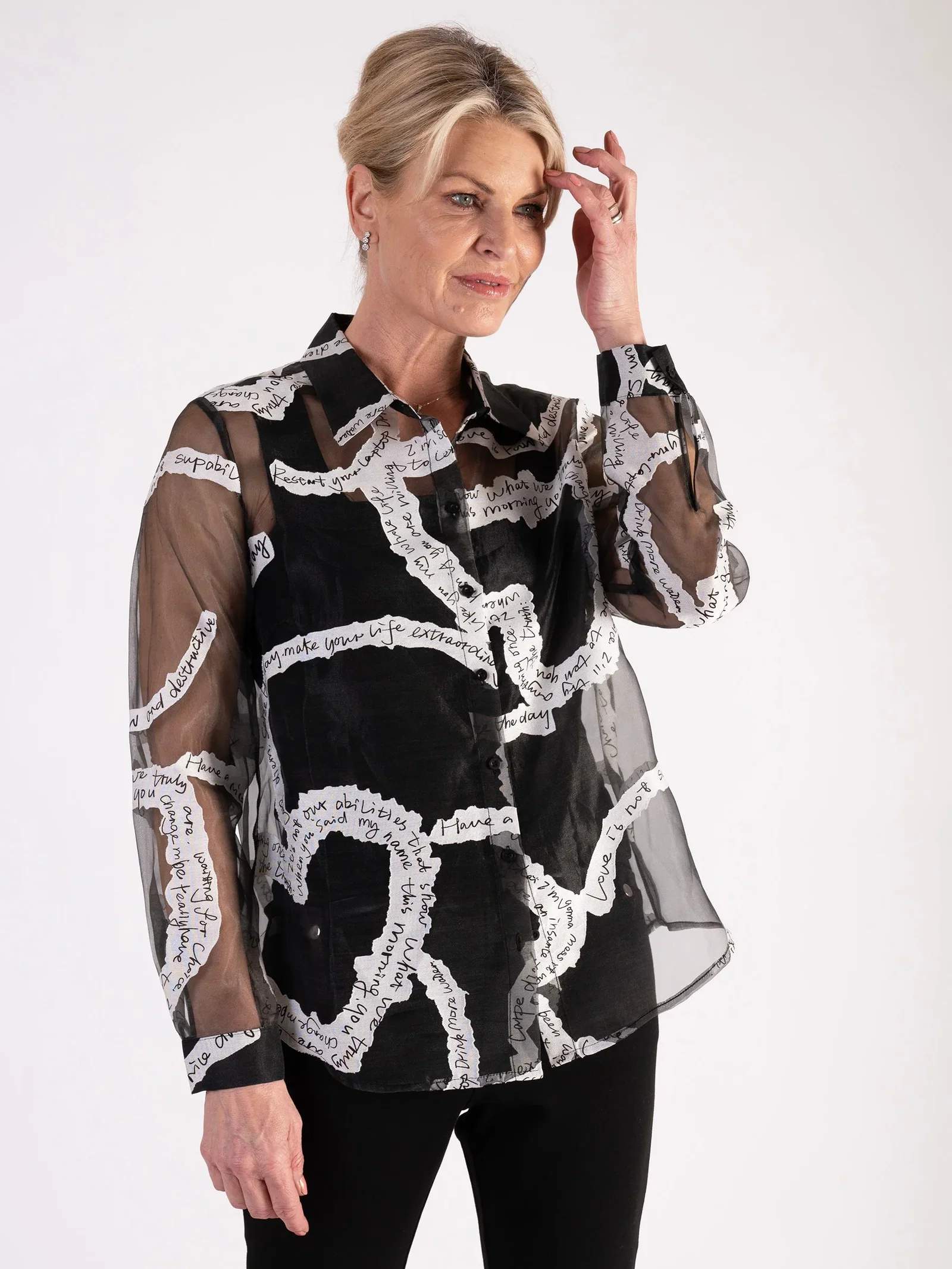 Image of Luxury Elegant Black/White Poem Print Organza Shirt