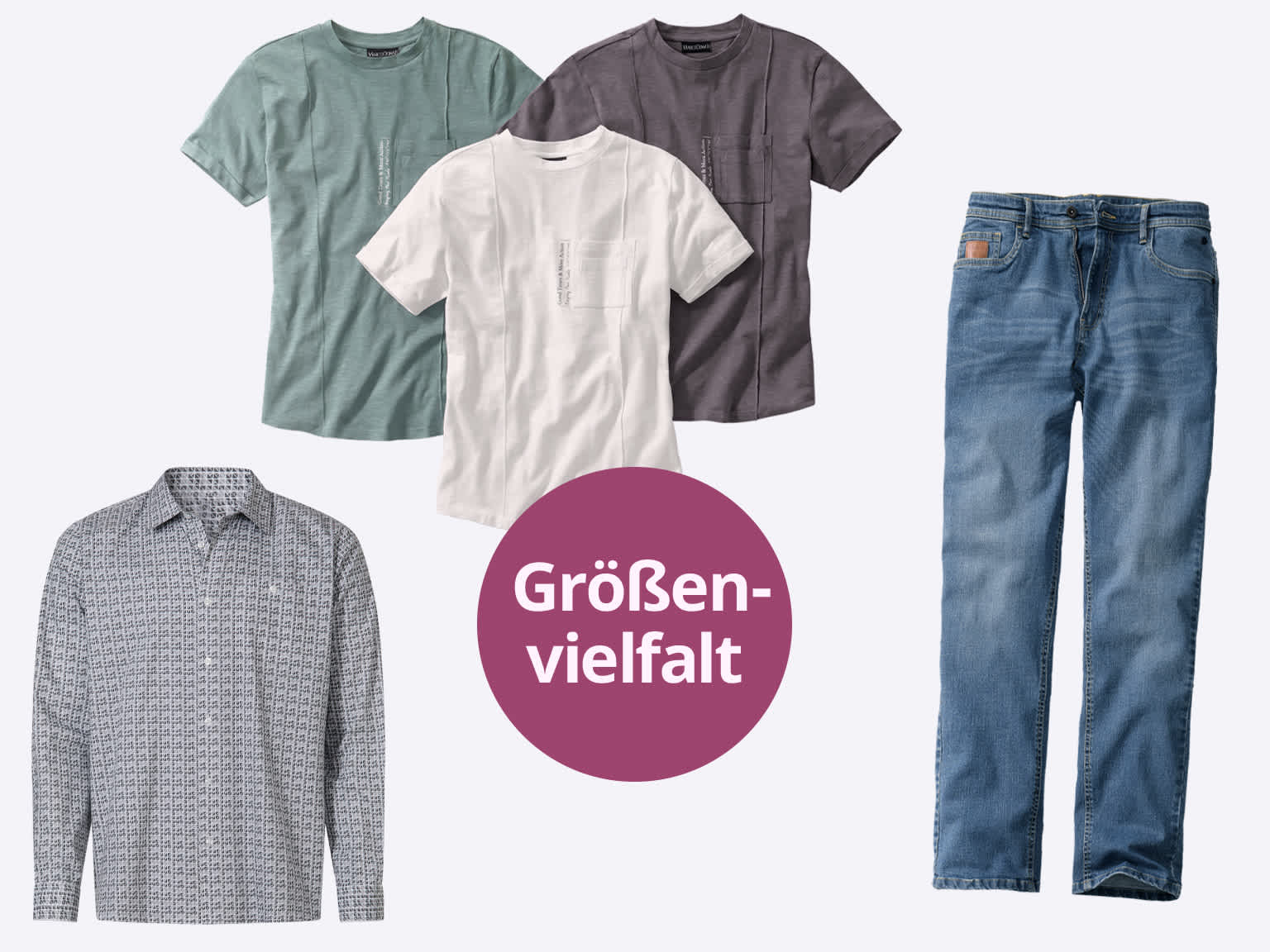 Das Bild zeigt verschiedene Herrenoberteile in unterschiedlichen Farben und eine Jeans, alle um einen Kreis mit dem Schriftzug 'Größenvielfalt' angeordnet, in einem klaren, modernen Stil.
