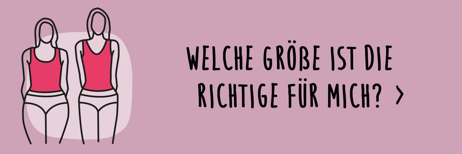 Ein Bild mit dem Text 'Welche Größe ist die richtige für mich?'. Der Hintergrund zeigt eine Illustration von zwei Frauen in Unterwäsche, eine schlanker und eine kurviger, daneben steht der Text.