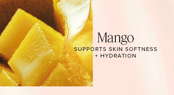 Juicy mango pieces highlighting upcycled mango, an ingredient that helps support softer, hydrated skin.