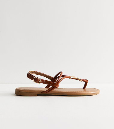Tan Faux Leather Hardware Detail Toe Post Sandals
