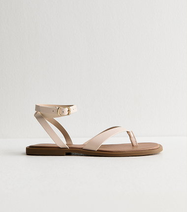 Cream Toe Post Wrap Around Ankle Strap Sandals