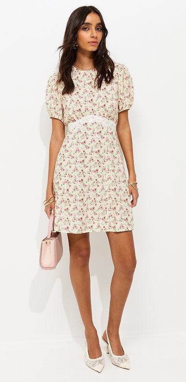 Cream Floral Print Lace Trim Mini Dress