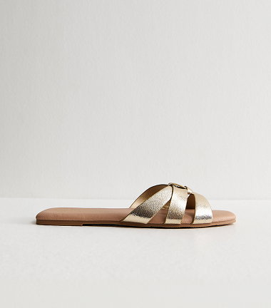 Gold Faux Leather Interwoven Flat Mules