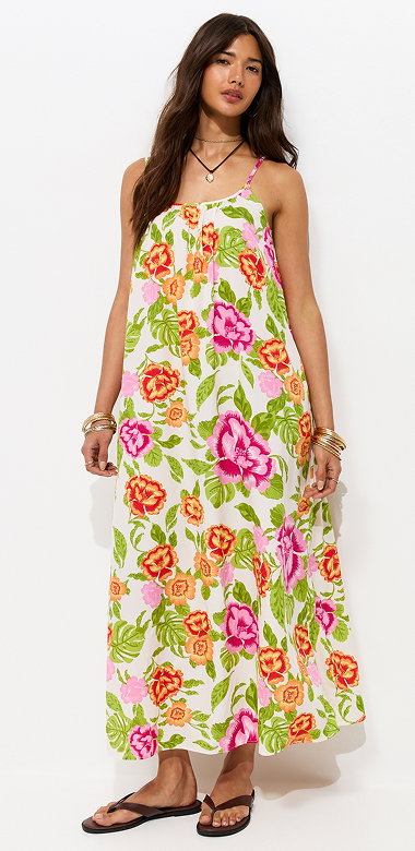 Cream Floral Print Maxi Smock Dress
