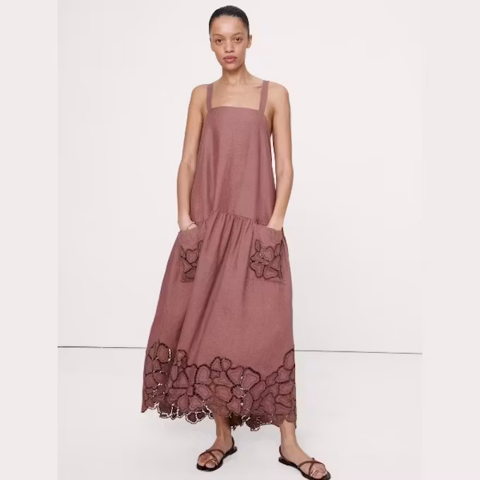 Embroidered Linen Drop-Waist Maxi Dress