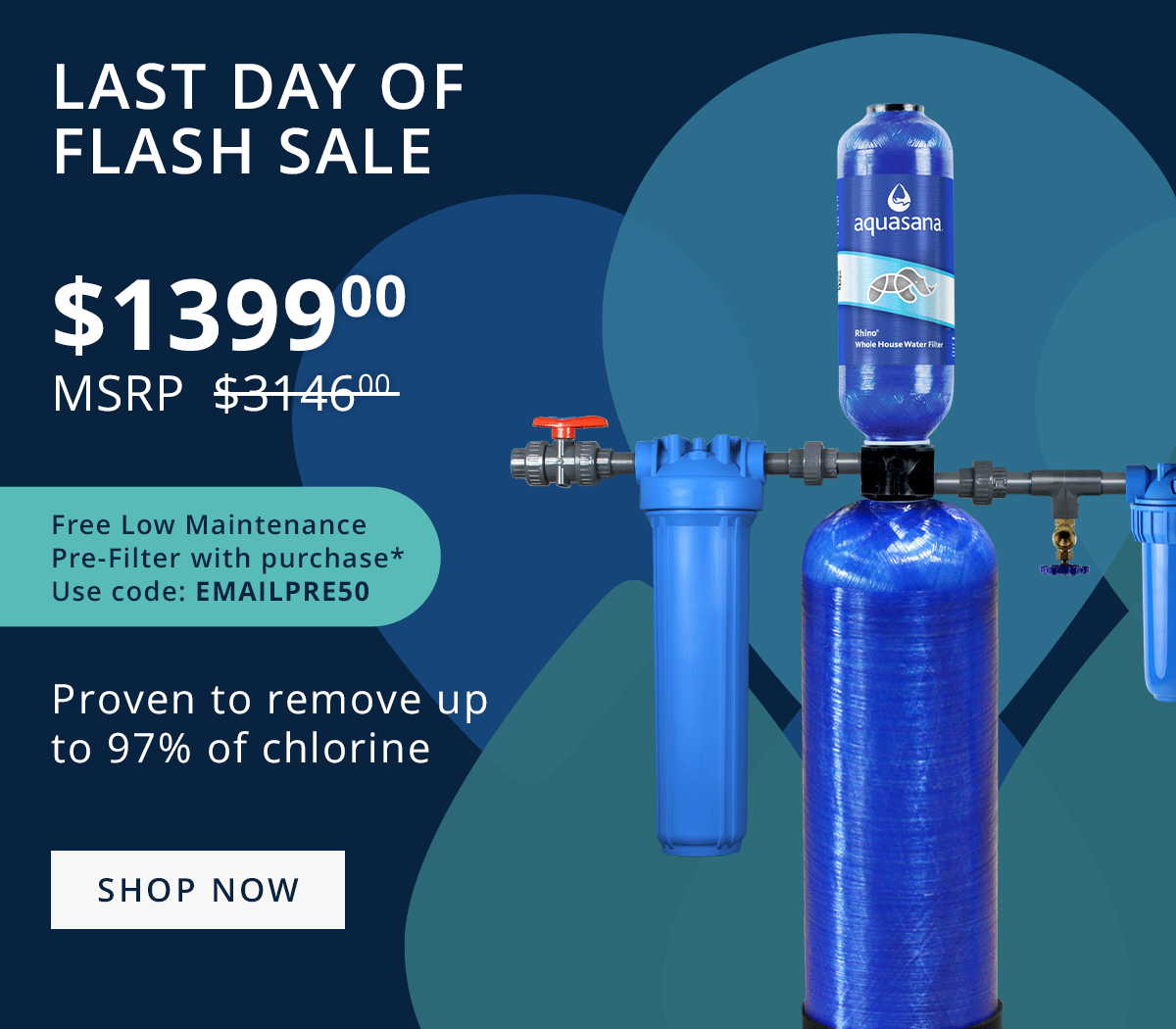 Two Day Flash Sale - Last Day of Flash Sale - Starting at $1399 - Proven to remove up to 97% of chlorine - 2X the rated flow rate vs. our standard Rhino® - Lasts for up to 1 million gallons or 10 years - WQA certified to NSF/ANSI Standard 61