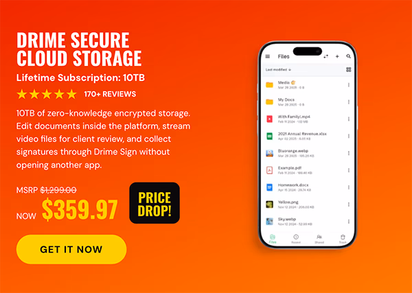 Drime Secure Cloud Storage: Lifetime Subscription (Advanced++ Plan/10TB)
