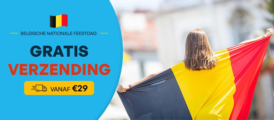 Banner for Belgian National Day: person draped in Belgian flag with text 'Gratis verzending — free shipping from €29'