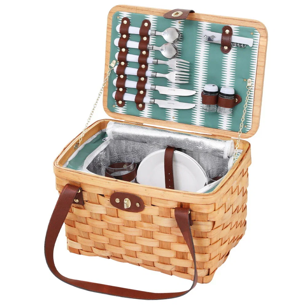 2 Person Picnic Basket Set Wooden Cooler Bag Plates Outdoor Insulated