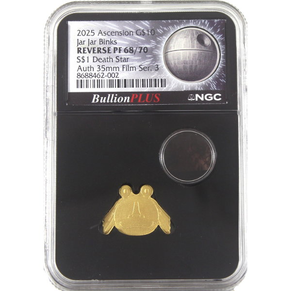 Ascension Islands 2025 Film Series 3 - Gold Jar Jar Binks & Silver Death Star NGC Reverse PF68/70
