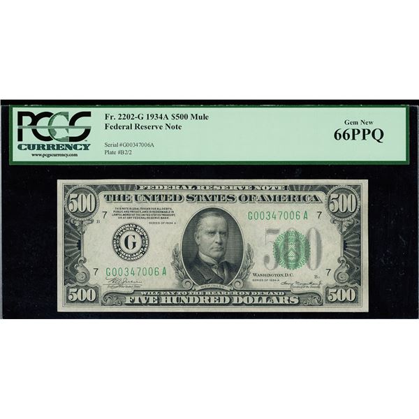 Fr. 2202-G 1934A $500 Mule Federal Reserve Note PCGS 66 PPQ Gem New,