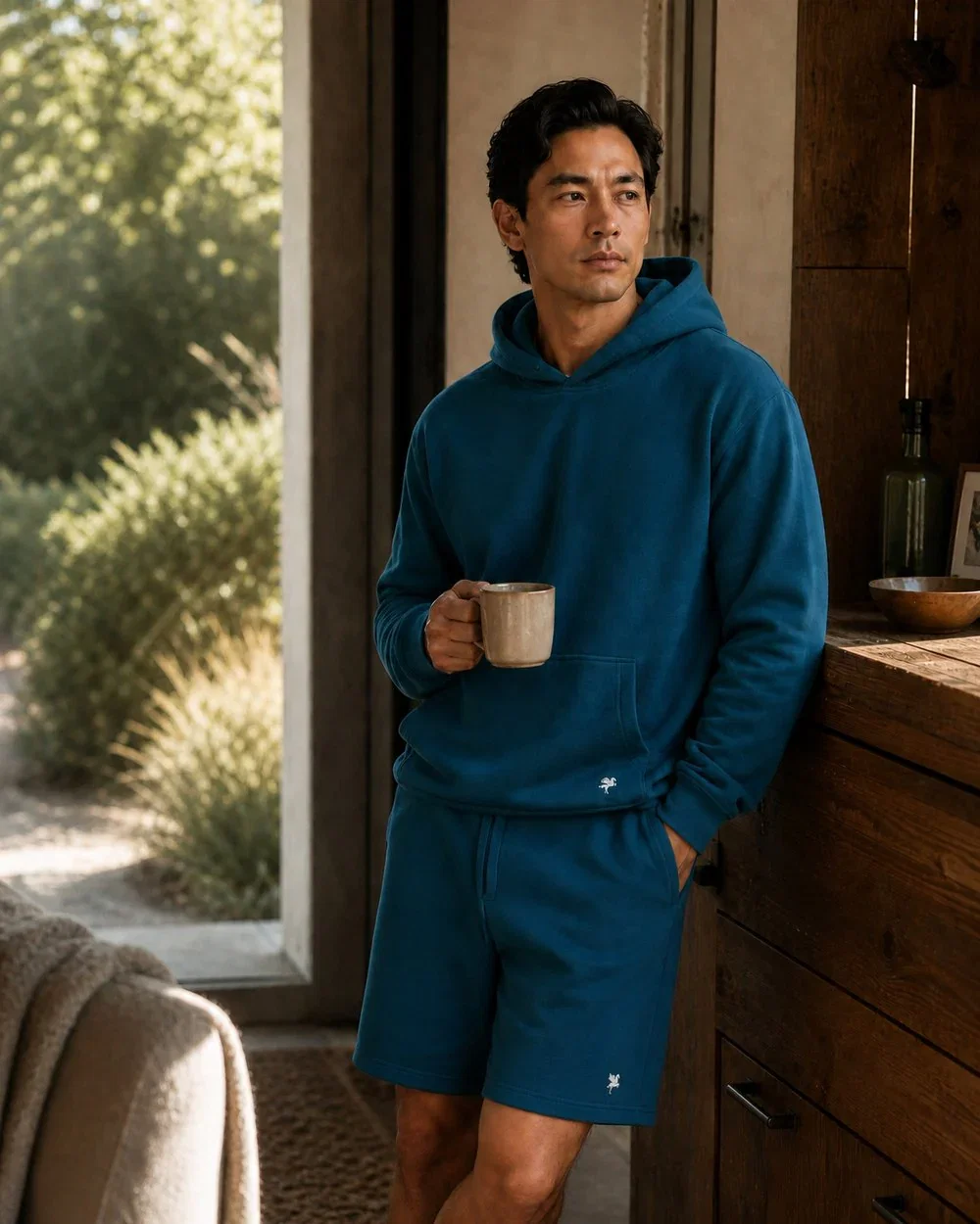Terry Fleece Shorts and hoodie set in Poseidon, on model
