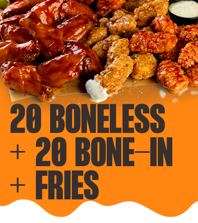 Buffalo Wild Wings 20/20 Wing Bundle featuring 20 bone-in wings, 20 boneless wings and natural-cut fries, handspun in your choice of sauce or dry rub.