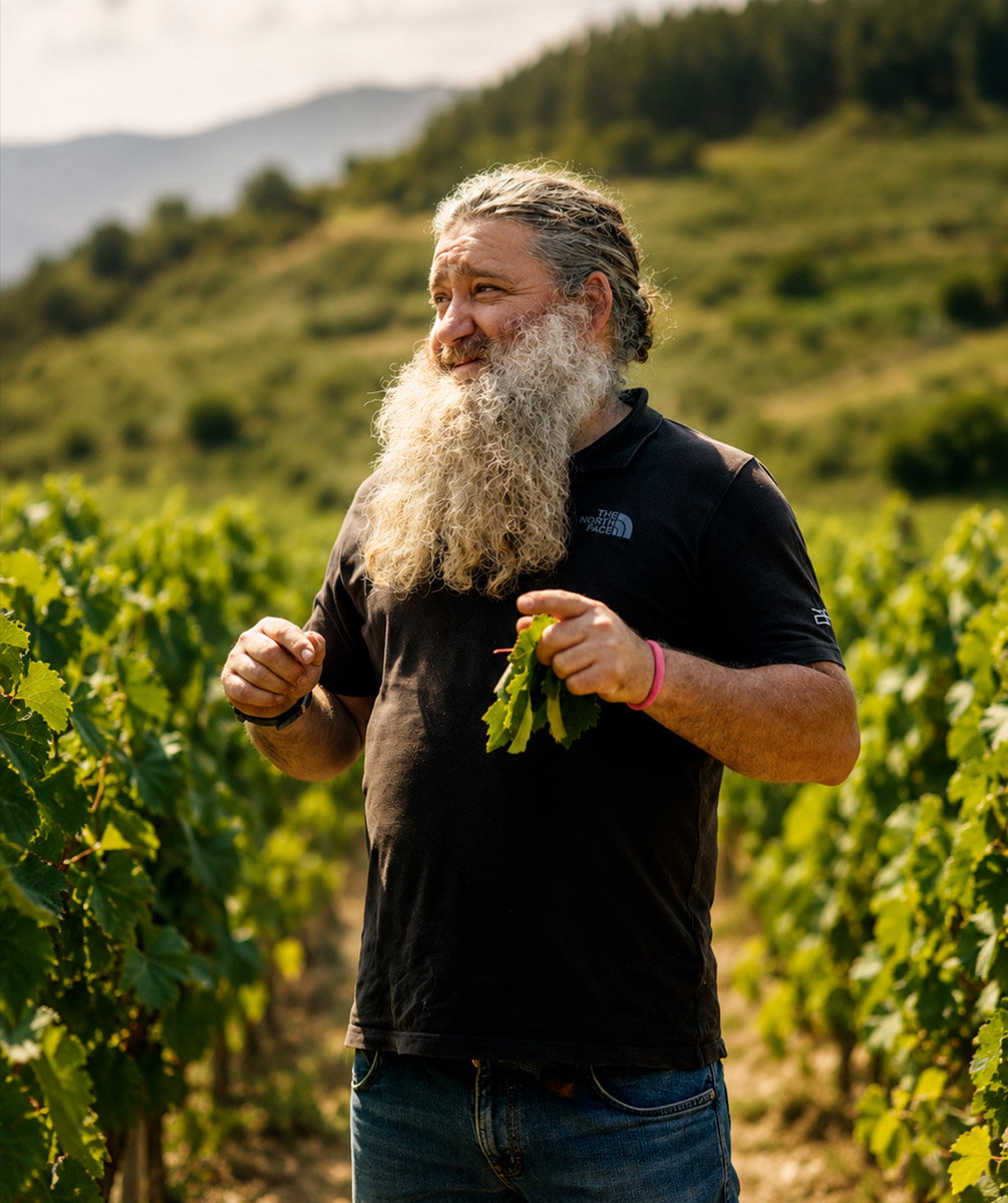 Bearded man in black polo holding grape leaves among sunlit vineyard rows with green hills in the background