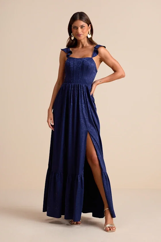 Image of Arlaith Navy Jacquard Lace-Up Corset Maxi Dress