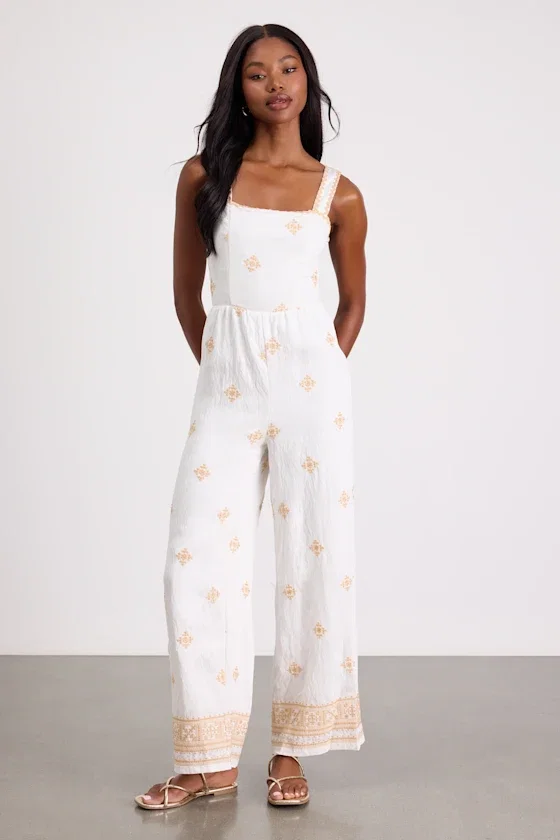 Image of Arwen Ivory Embroidered Wide-Leg Jumpsuit