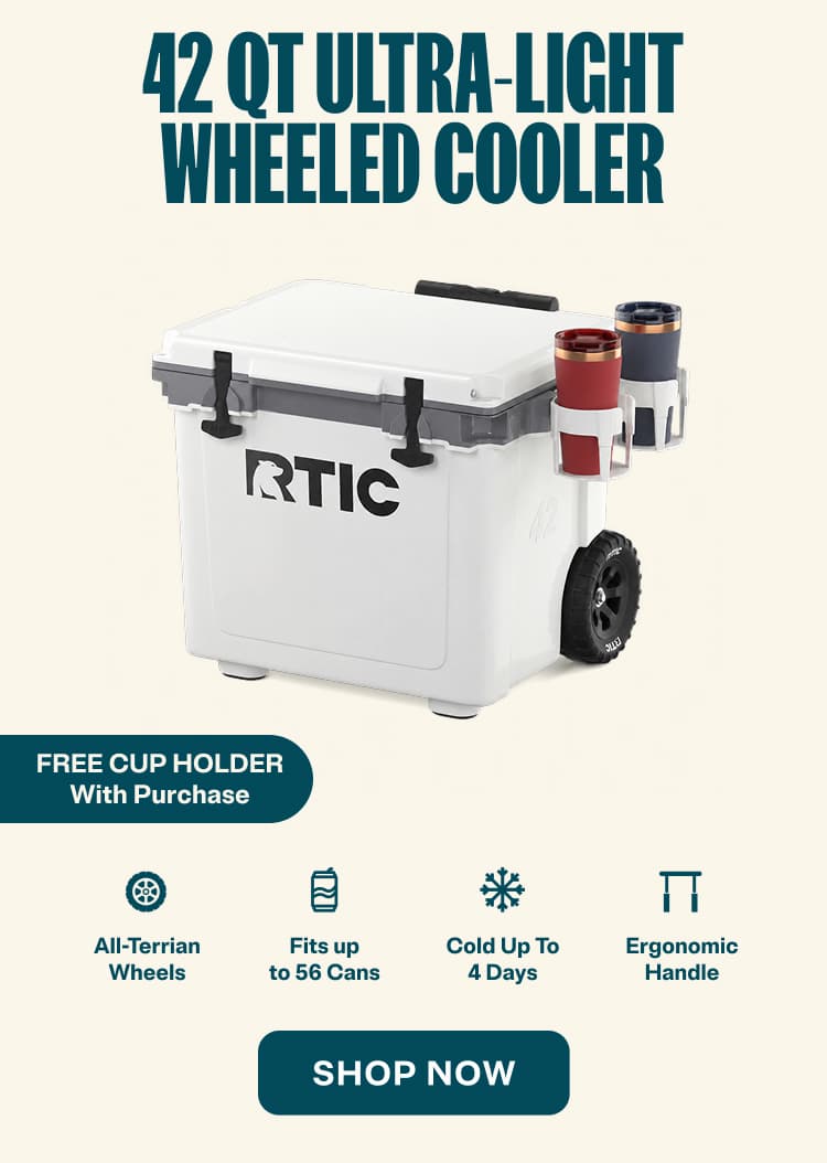 42 QT Ultra-light wheeled cooler free cup holder with purchase