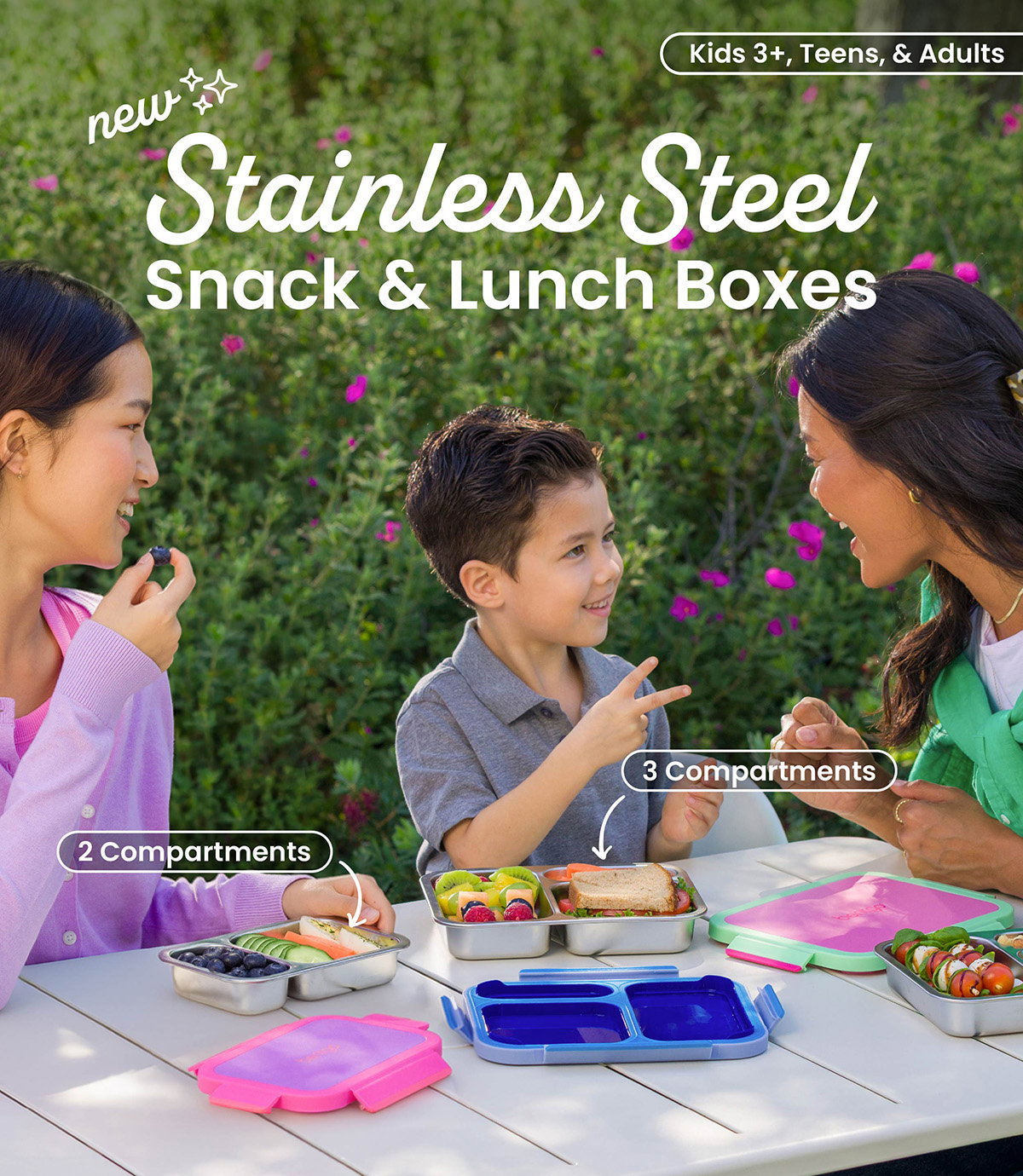 New Stainless Steel Snack & Lunch Boxes - 2 Compartments and 3 Compartments