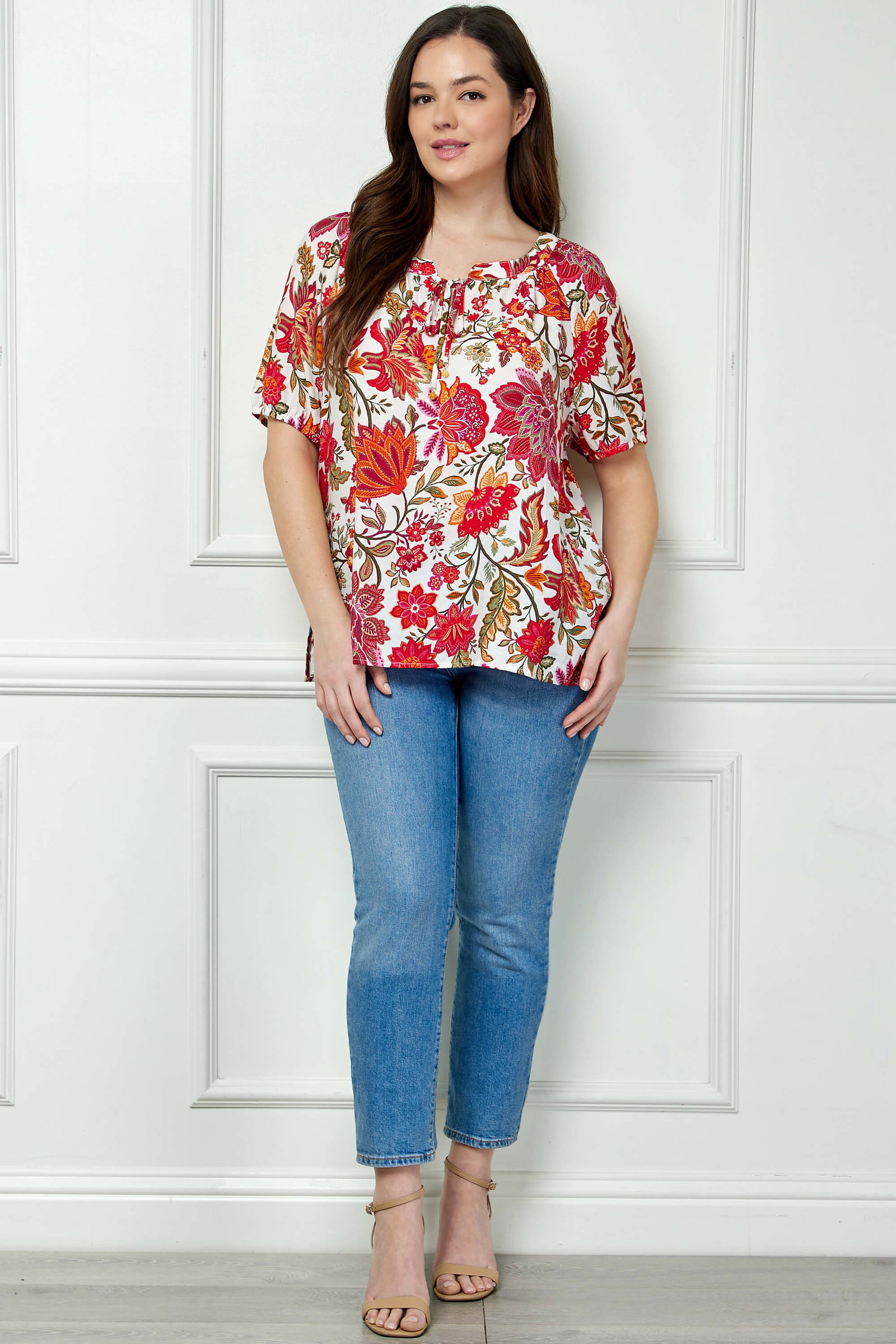 Image of Short Sleeve Beaded Tie Neck Mandarin Collar Blouse in Ivory - Plus