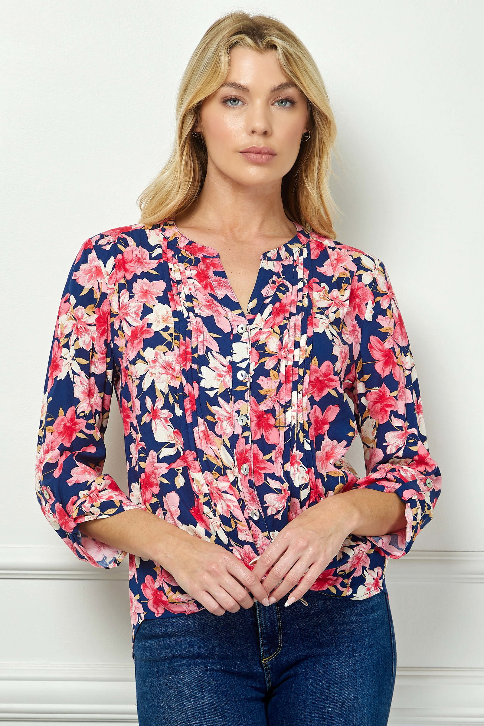 Image of 3/4 Button Tab Sleeve Pintuck Tie Front Blouse in Navy/Coral