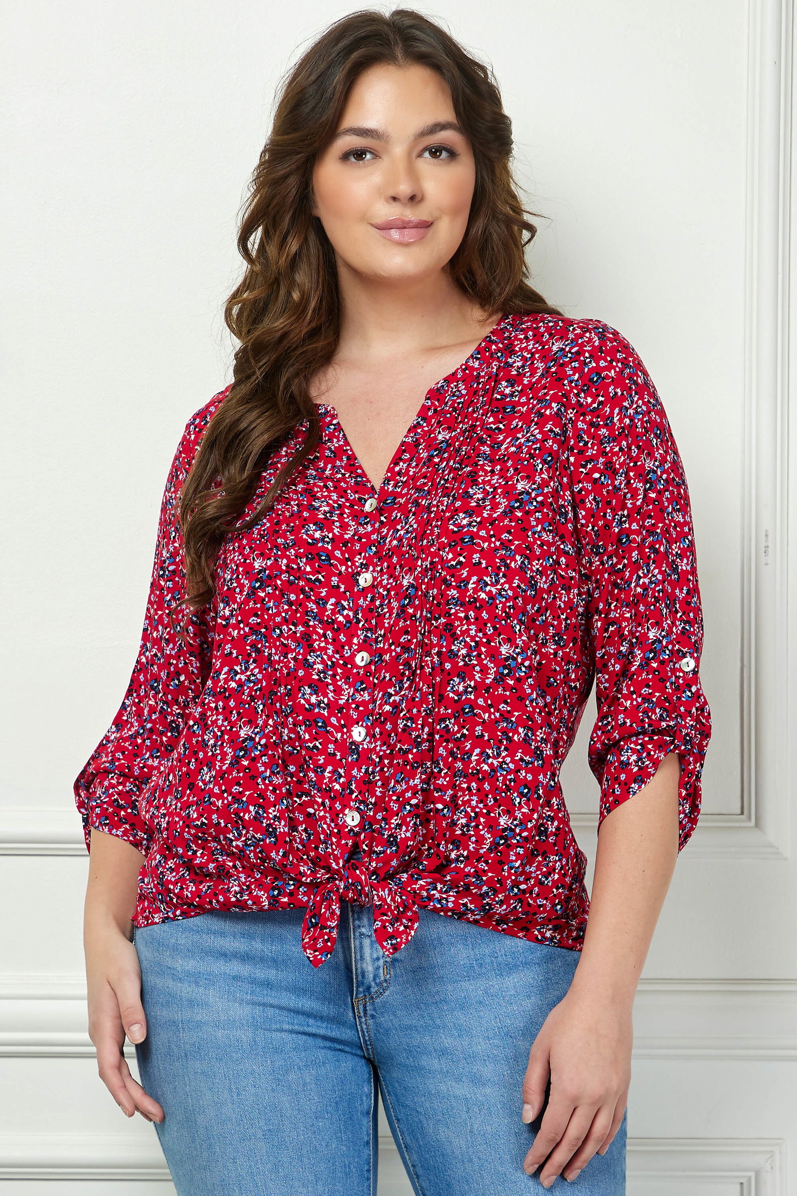 Image of 3/4 Button Tab Sleeve Pintuck Tie Front Blouse in Red - Plus