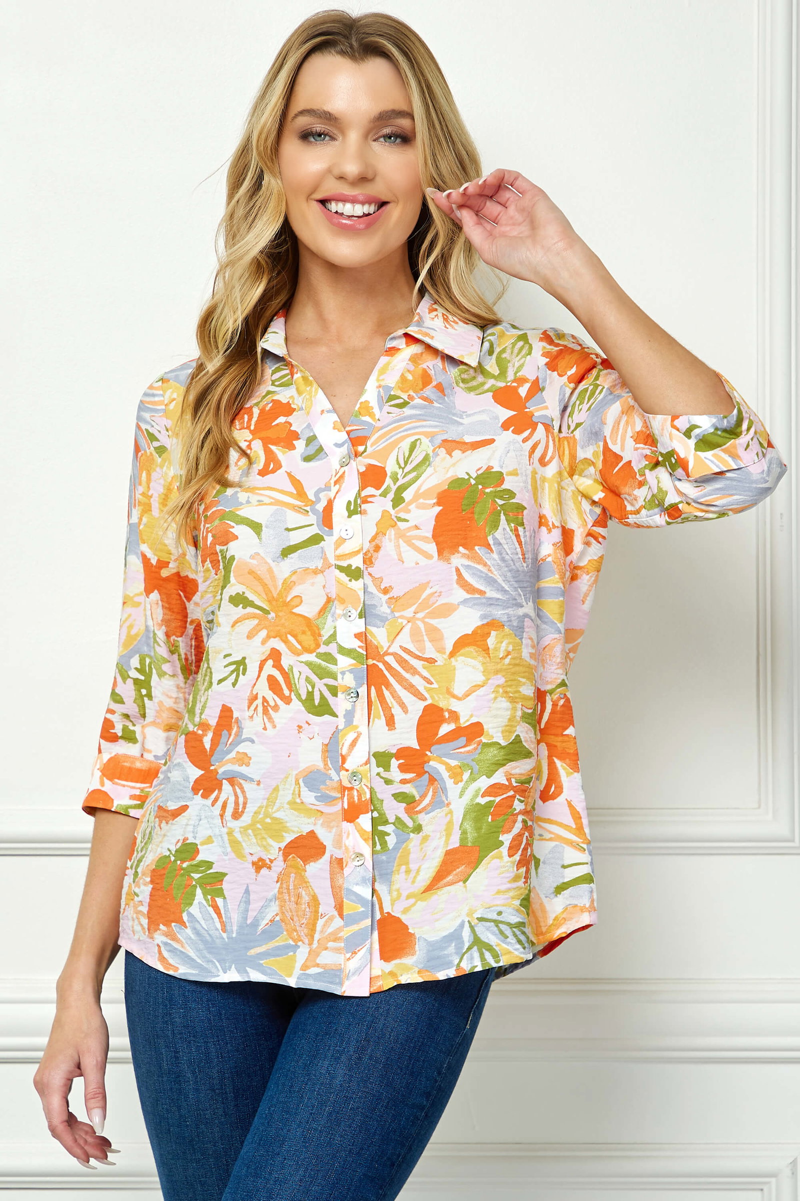 Image of 3/4 Notch Cuff Sleeve Johnny Collar Shirt in Orange