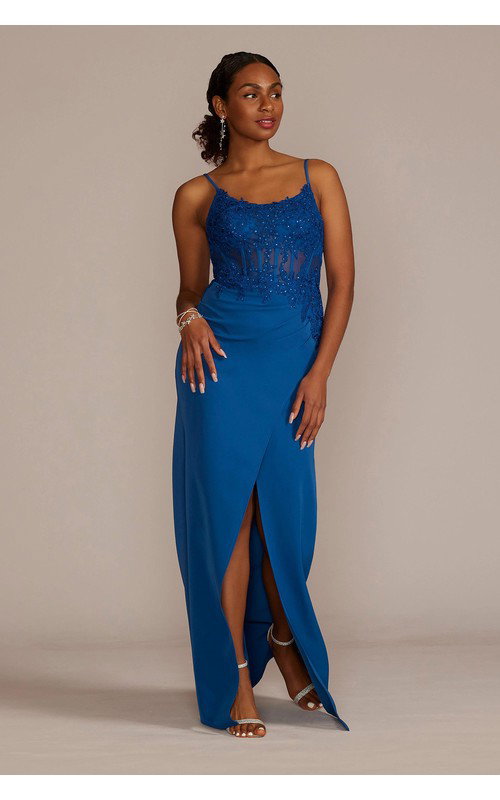 Sheath Crepe Gown with Embellished Corset Bodice