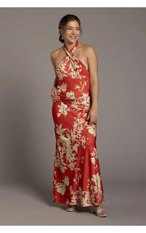 Floral Print Matte Satin Y-Neck Sheath Dress