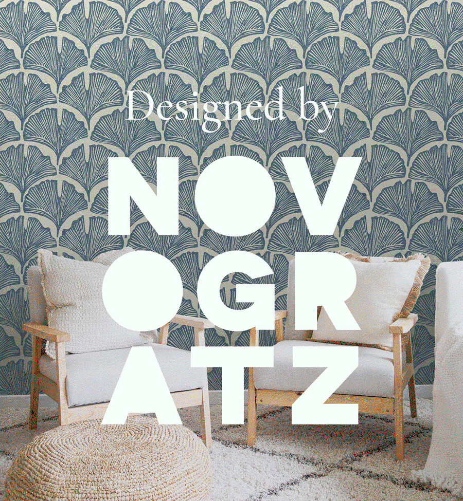 Gif image of Tempaper wallpaper designs by the Novogratz in various rooms. Text overlay "Designed by Novogratz"